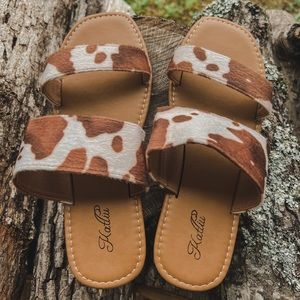 cowprint sandals, size 8